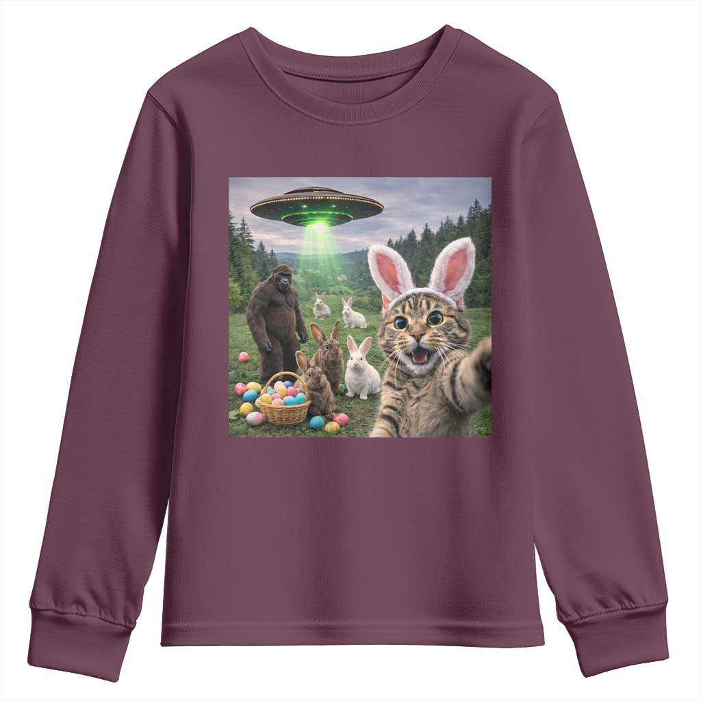 Funny Easter Day Youth Sweatshirt Cat Selfie With Bunny Bigfoot UFO Bunny Egg