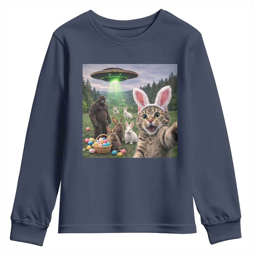 Funny Easter Day Youth Sweatshirt Cat Selfie With Bunny Bigfoot UFO Bunny Egg