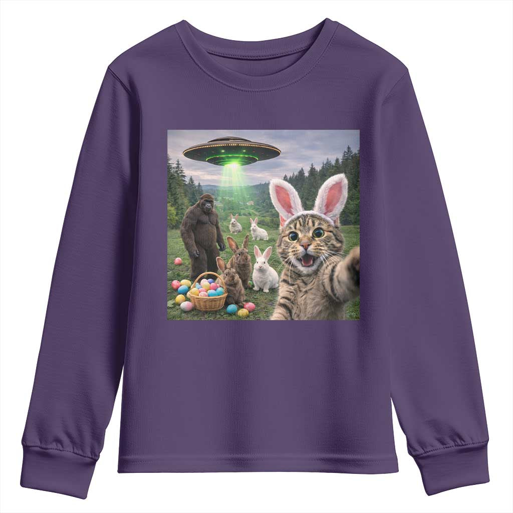 Funny Easter Day Youth Sweatshirt Cat Selfie With Bunny Bigfoot UFO Bunny Egg