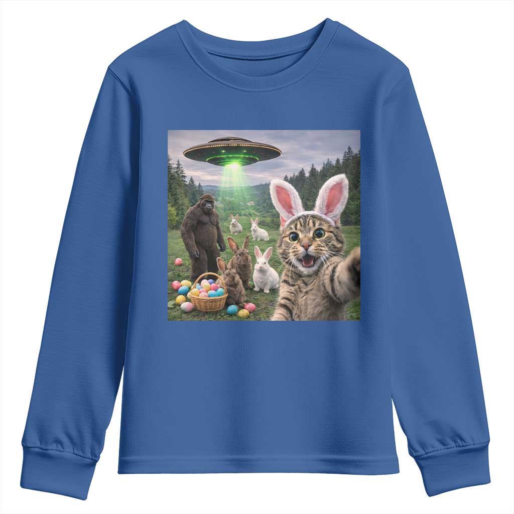 Funny Easter Day Youth Sweatshirt Cat Selfie With Bunny Bigfoot UFO Bunny Egg
