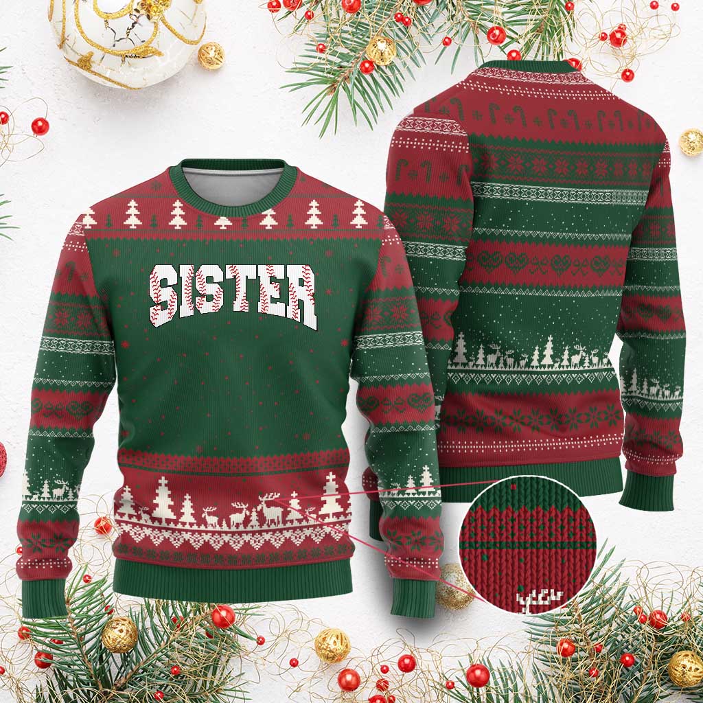 Baseball Sister Ugly Christmas Sweater Retro Varsity Baseball Season Family