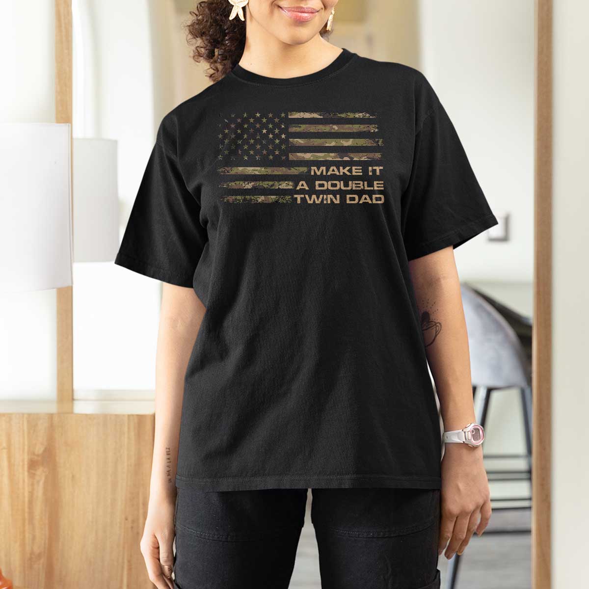 Twin Dad T Shirt For Women Make It A Double Funny Fathers Day Camo American Flag