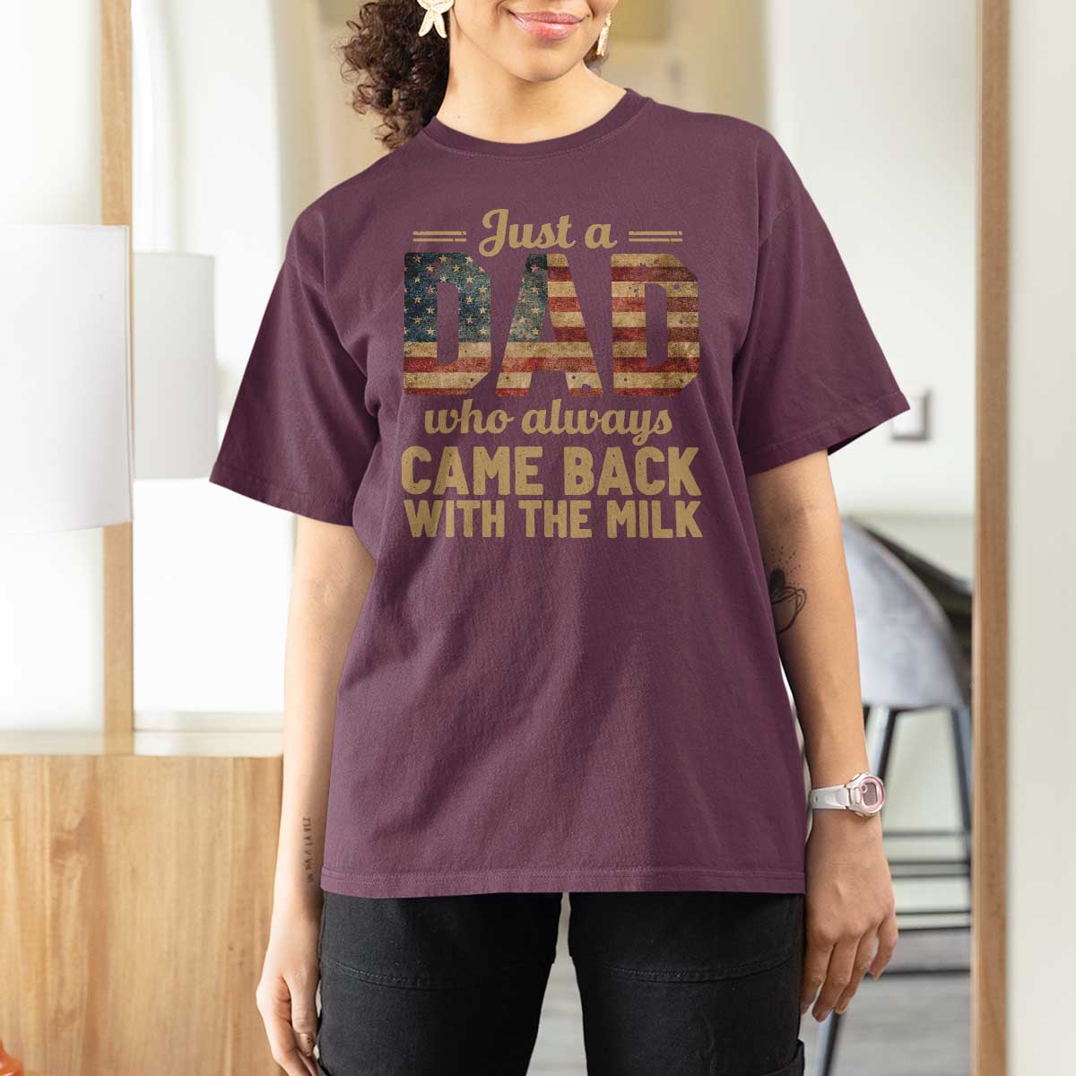 Just A Dad Who Always Came Back With The Milk T Shirt For Women Retro American Flag