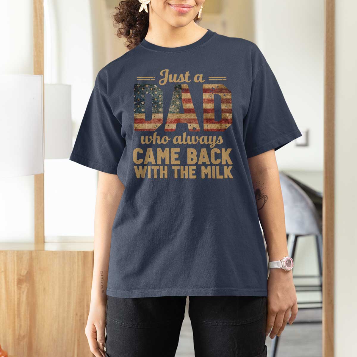 Just A Dad Who Always Came Back With The Milk T Shirt For Women Retro American Flag
