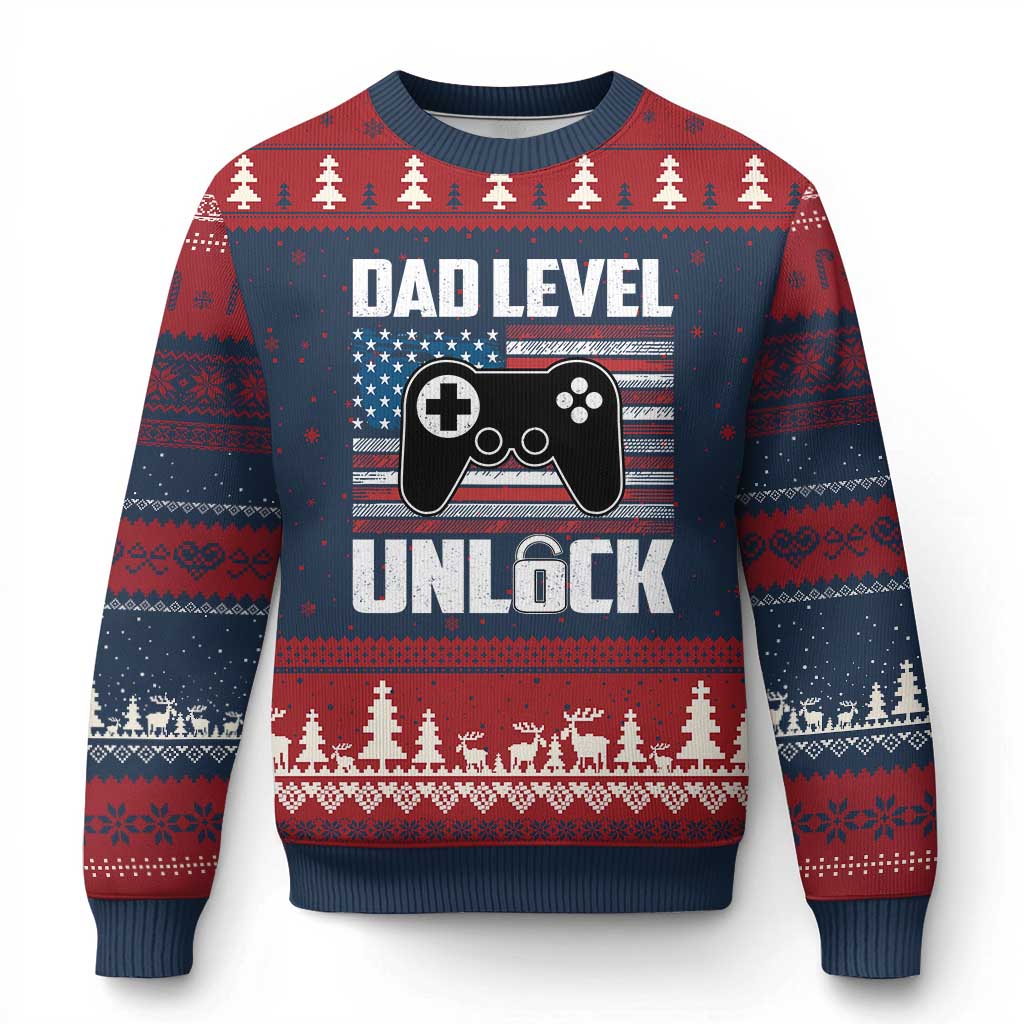 Funny New Dad Ugly Christmas Sweater First Fathers Day Dad Level Unlocked Gaming Gamer - Wonder Print Shop