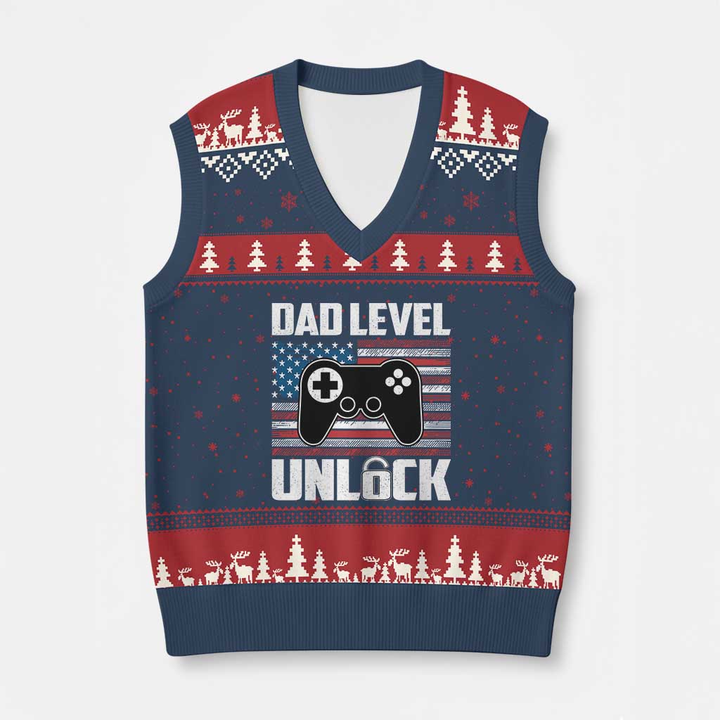 Funny New Dad V-Neck Knit Sweater Vest First Fathers Day Dad Level Unlocked Gaming Gamer - Wonder Print Shop