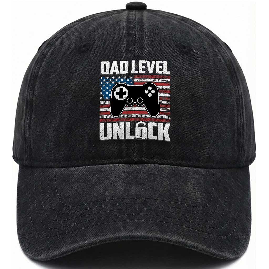 Funny New Dad Washed Cotton Baseball Cap First Fathers Day Dad Level Unlocked Gaming Gamer