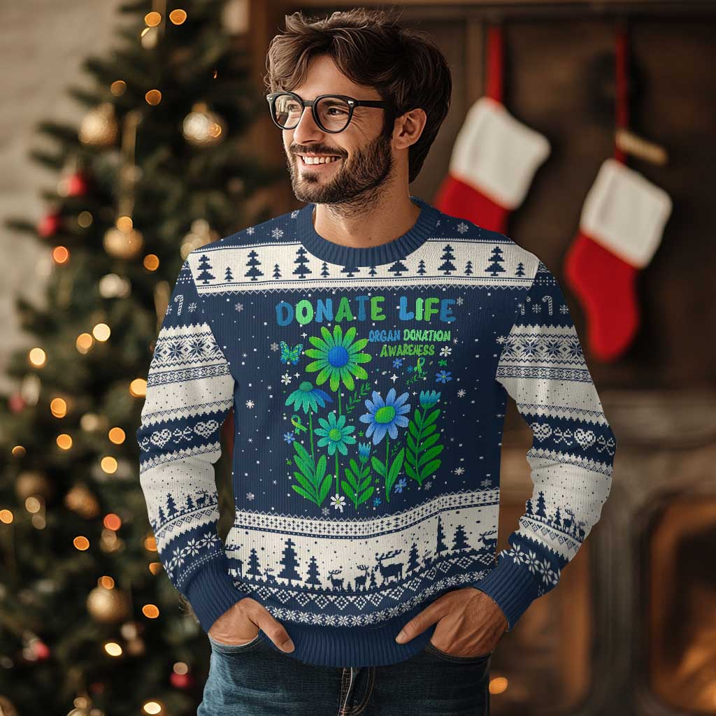 Organ Donation Awareness Ugly Christmas Sweater Green Ribbon Donate Life Floral