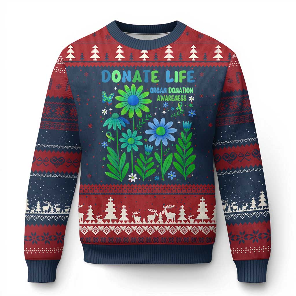 Organ Donation Awareness Ugly Christmas Sweater Green Ribbon Donate Life Floral