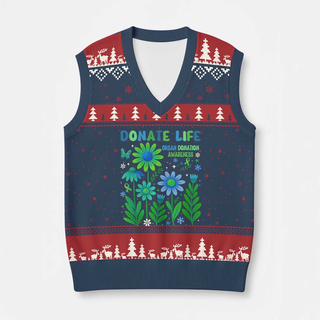 Organ Donation Awareness V-Neck Knit Sweater Vest Green Ribbon Donate Life Floral