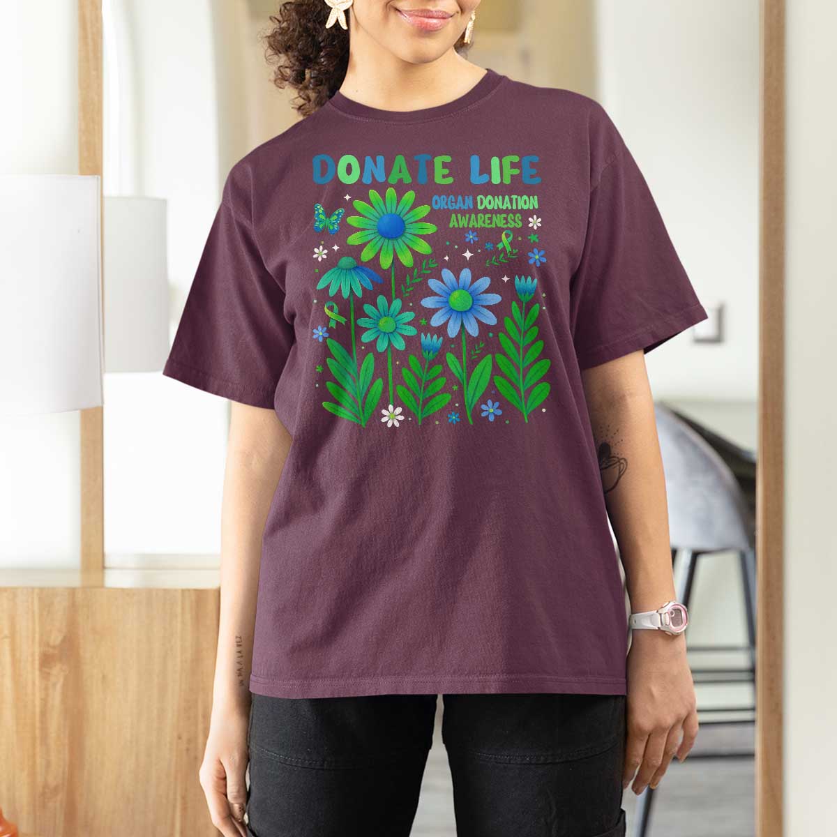 Organ Donation Awareness T Shirt For Women Green Ribbon Donate Life Floral