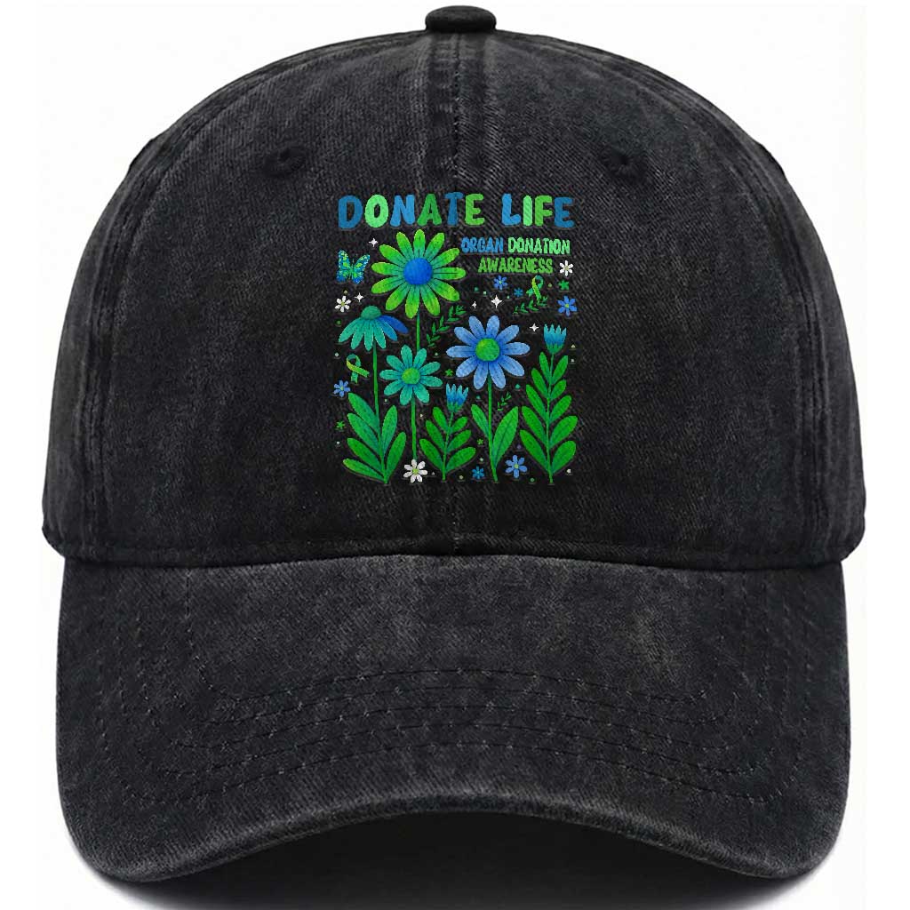 Organ Donation Awareness Washed Cotton Baseball Cap Green Ribbon Donate Life Floral