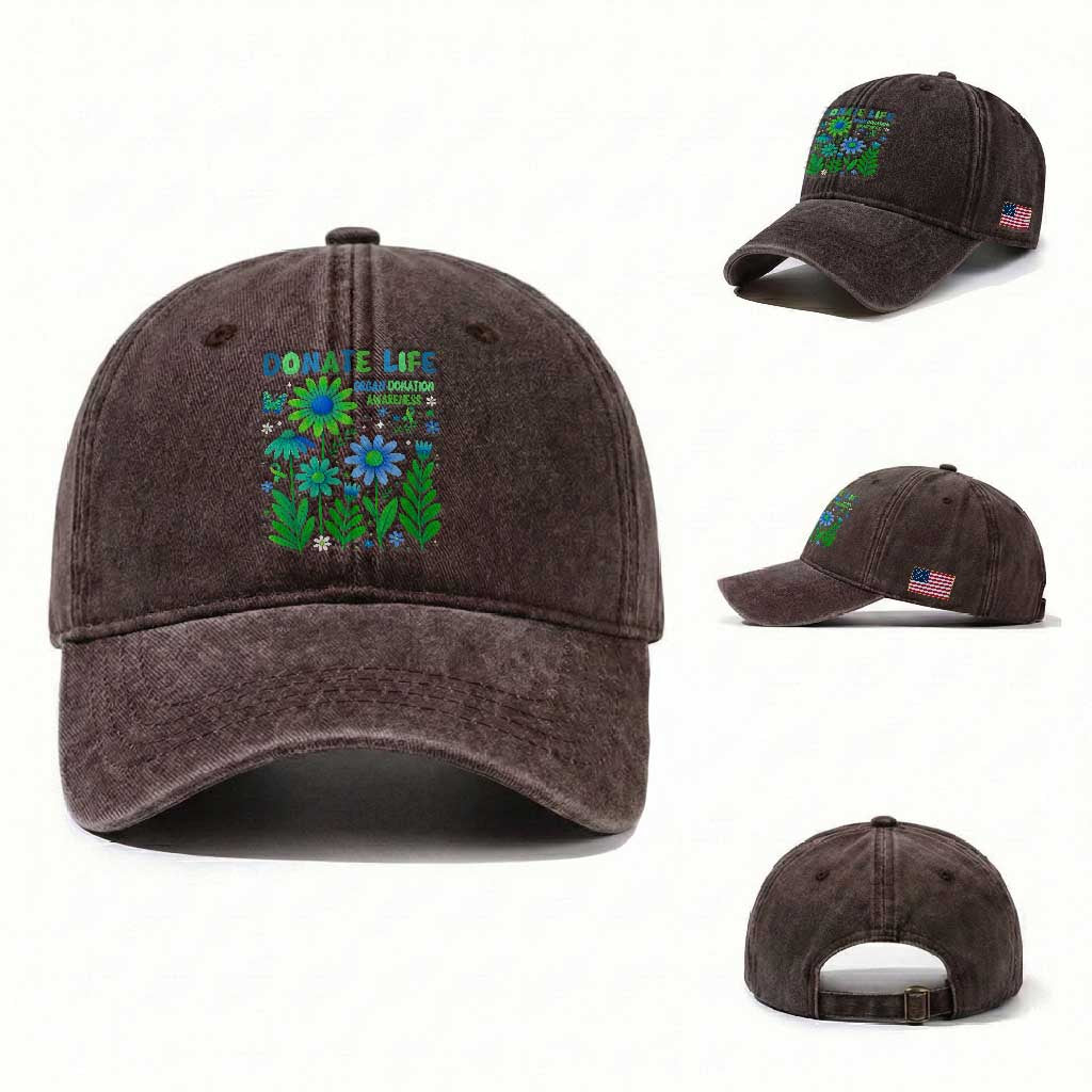 Organ Donation Awareness Washed Cotton Baseball Cap Green Ribbon Donate Life Floral