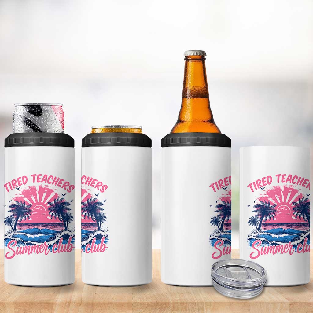 Tired Teachers Summer Club 4 in 1 Can Cooler Tumbler Retro Mama Summer Beach Vacation Gift