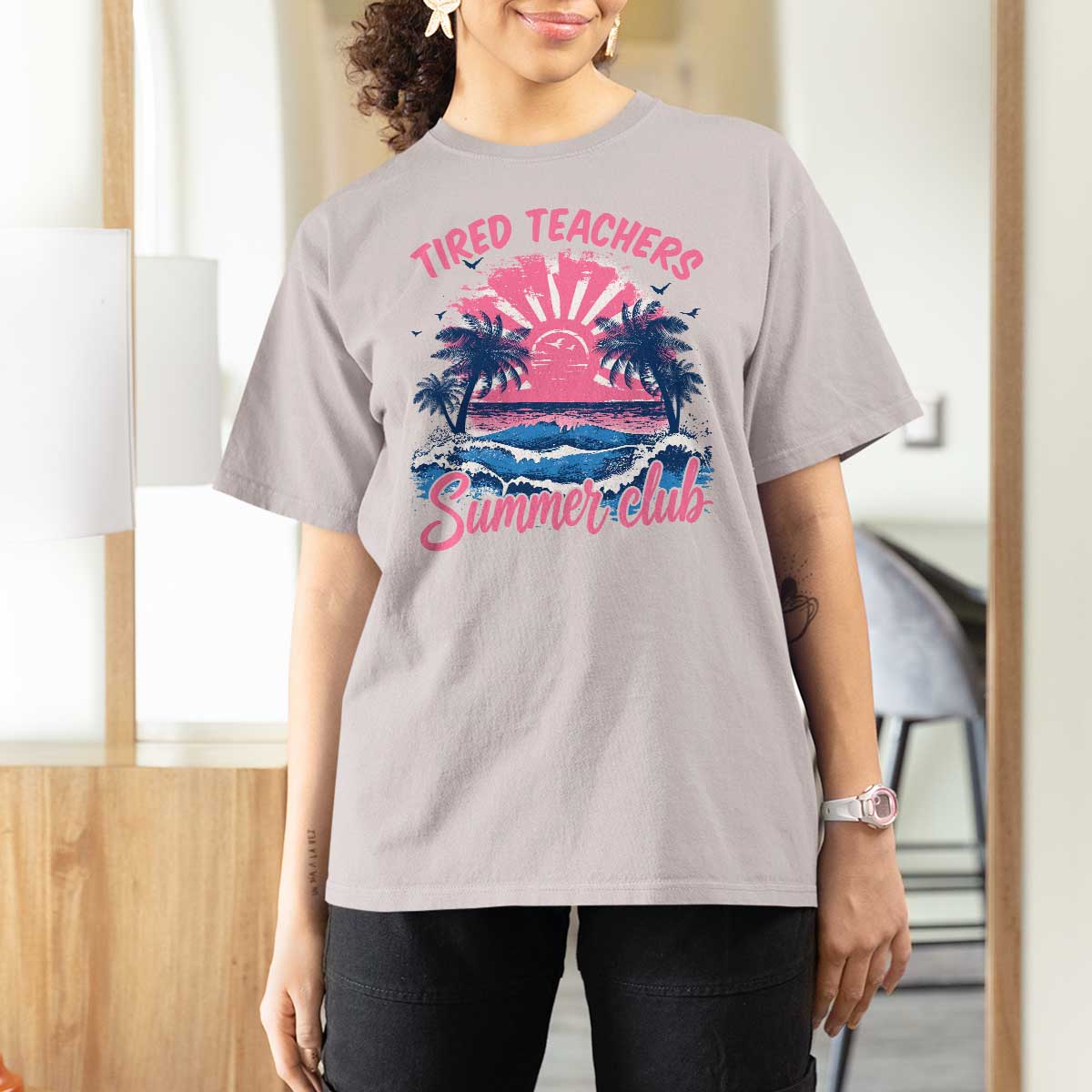 Tired Teachers Summer Club T Shirt For Women Retro Mama Summer Beach Vacation Gift