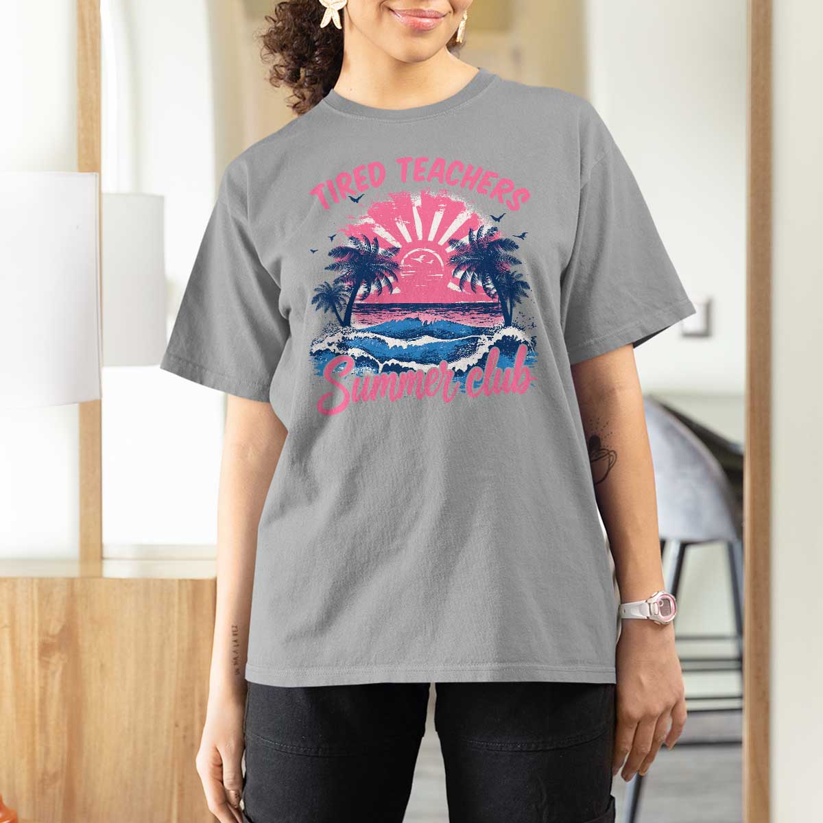 Tired Teachers Summer Club T Shirt For Women Retro Mama Summer Beach Vacation Gift
