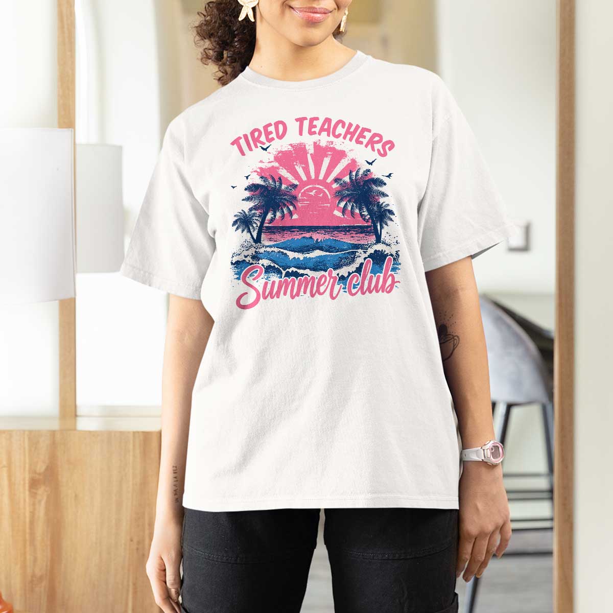 Tired Teachers Summer Club T Shirt For Women Retro Mama Summer Beach Vacation Gift