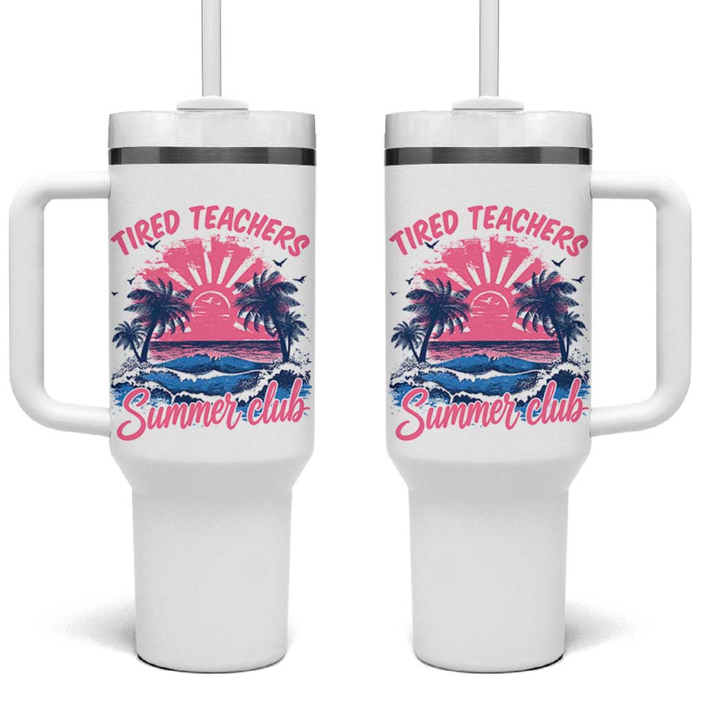Tired Teachers Summer Club Tumbler With Handle Retro Mama Summer Beach Vacation Gift