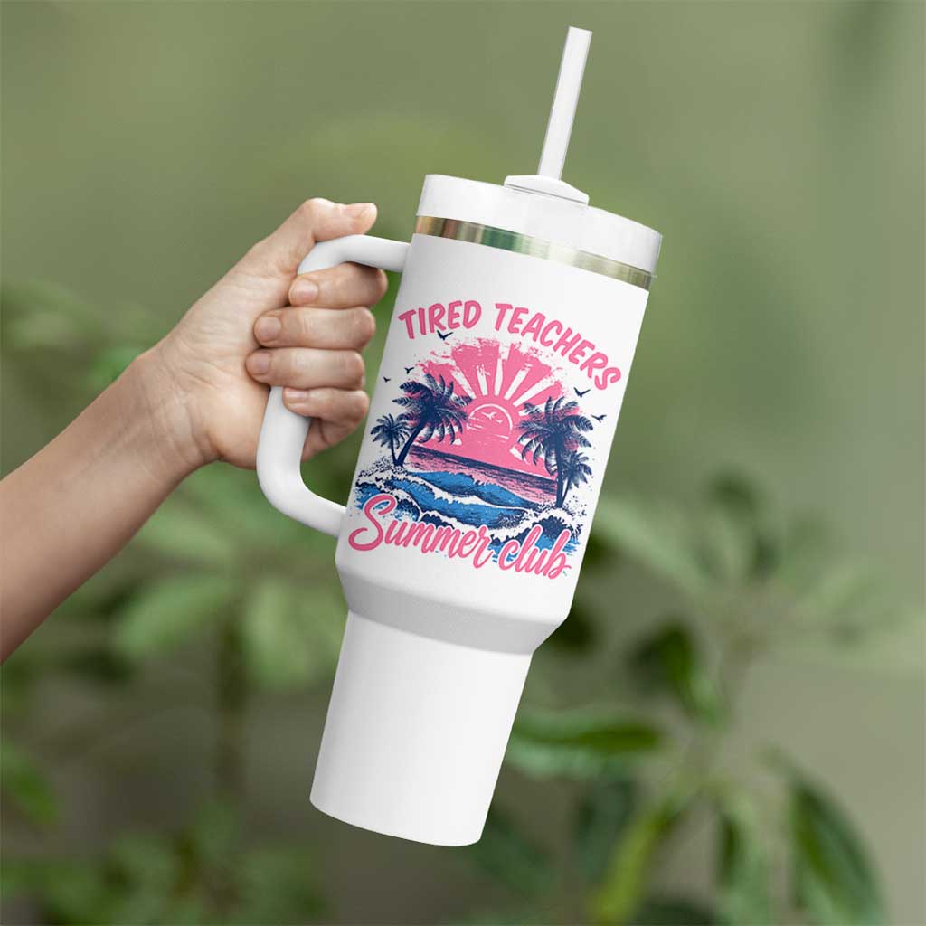 Tired Teachers Summer Club Tumbler With Handle Retro Mama Summer Beach Vacation Gift