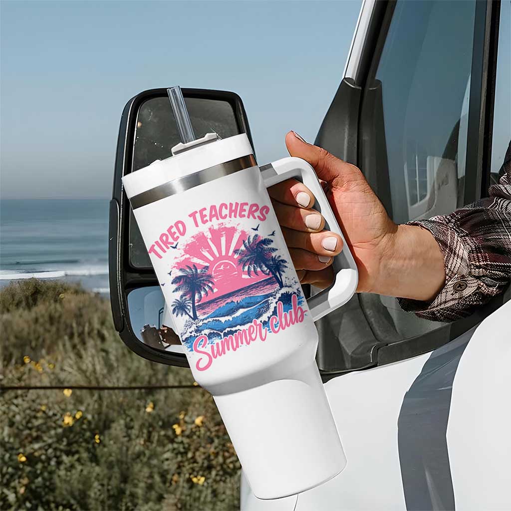 Tired Teachers Summer Club Tumbler With Handle Retro Mama Summer Beach Vacation Gift
