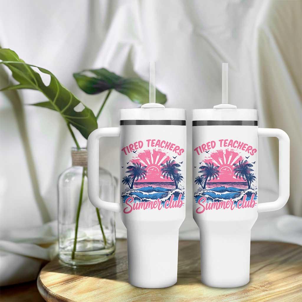 Tired Teachers Summer Club Tumbler With Handle Retro Mama Summer Beach Vacation Gift