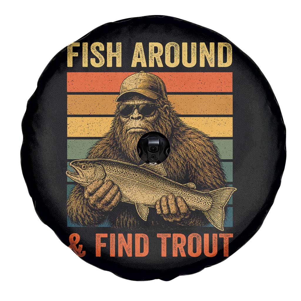Fish Around And Find Trout Spare Tire Cover Funny Fishermen Fishing Retro Bigfoot Sasquatch Fish