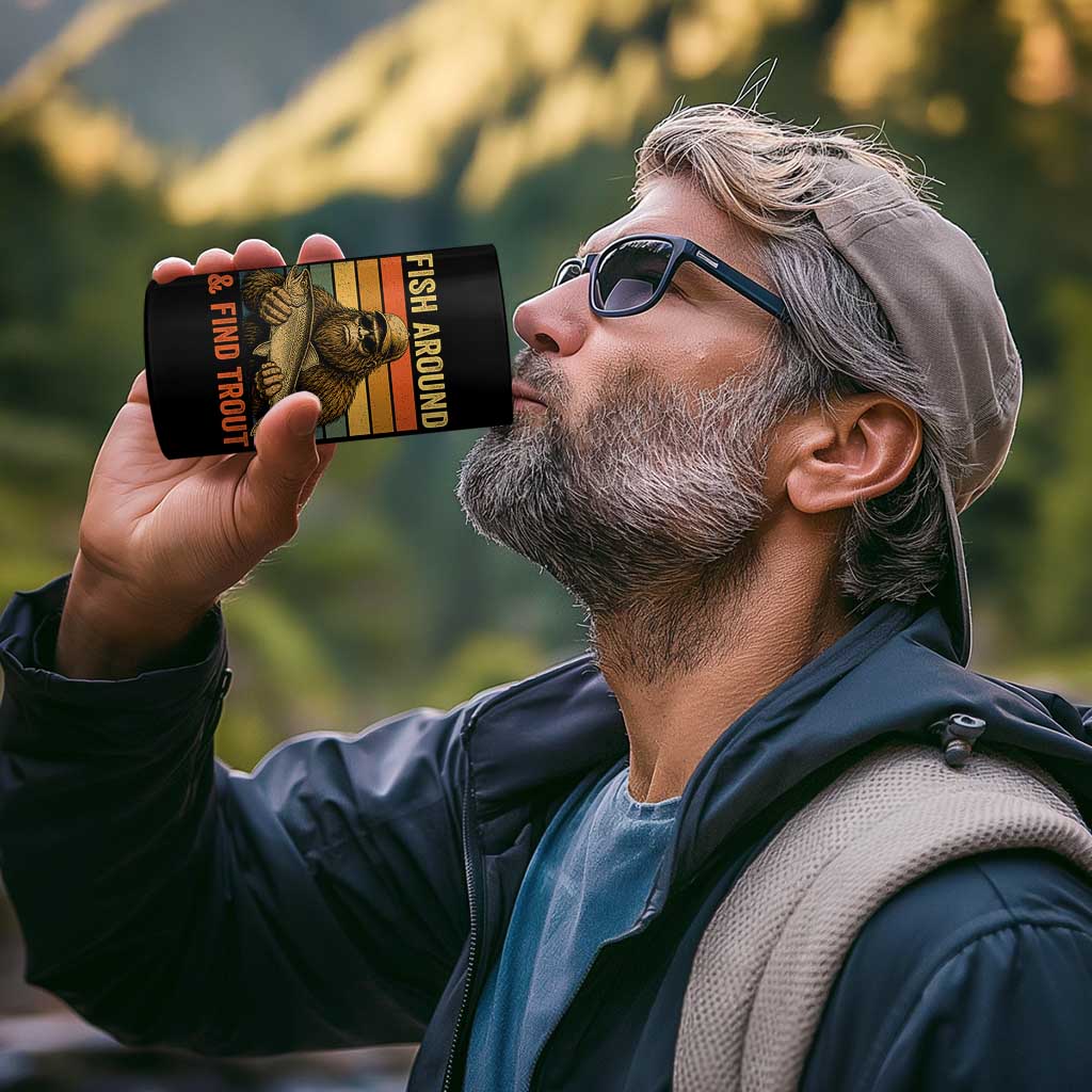 Fish Around And Find Trout 4 in 1 Can Cooler Tumbler Funny Fishermen Fishing Retro Bigfoot Sasquatch Fish