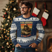 Fish Around And Find Trout Ugly Christmas Sweater Funny Fishermen Fishing Retro Bigfoot Sasquatch Fish