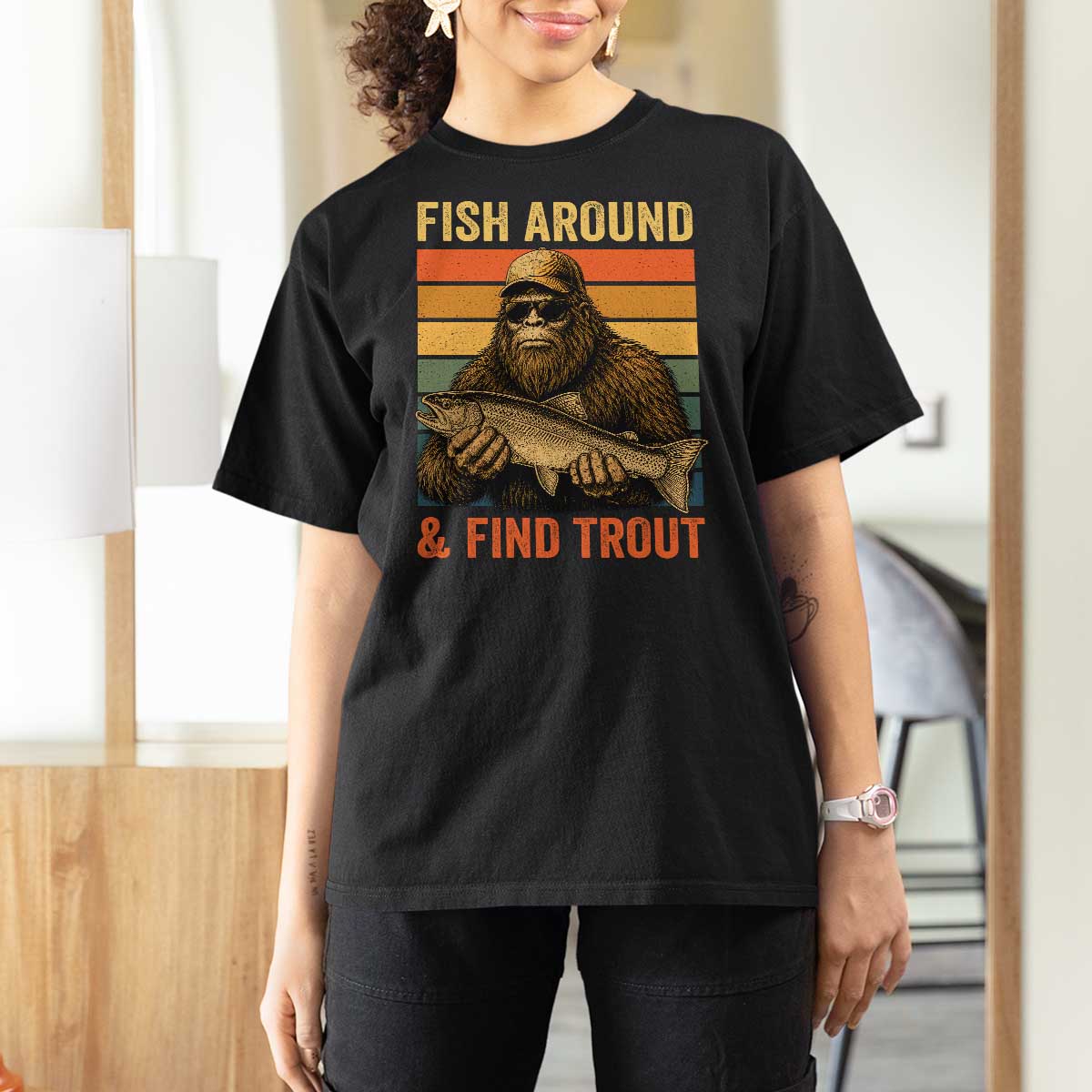 Fish Around And Find Trout T Shirt For Women Funny Fishermen Fishing Retro Bigfoot Sasquatch Fish