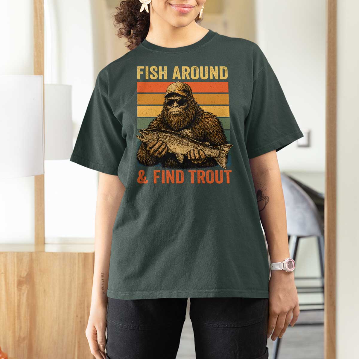 Fish Around And Find Trout T Shirt For Women Funny Fishermen Fishing Retro Bigfoot Sasquatch Fish