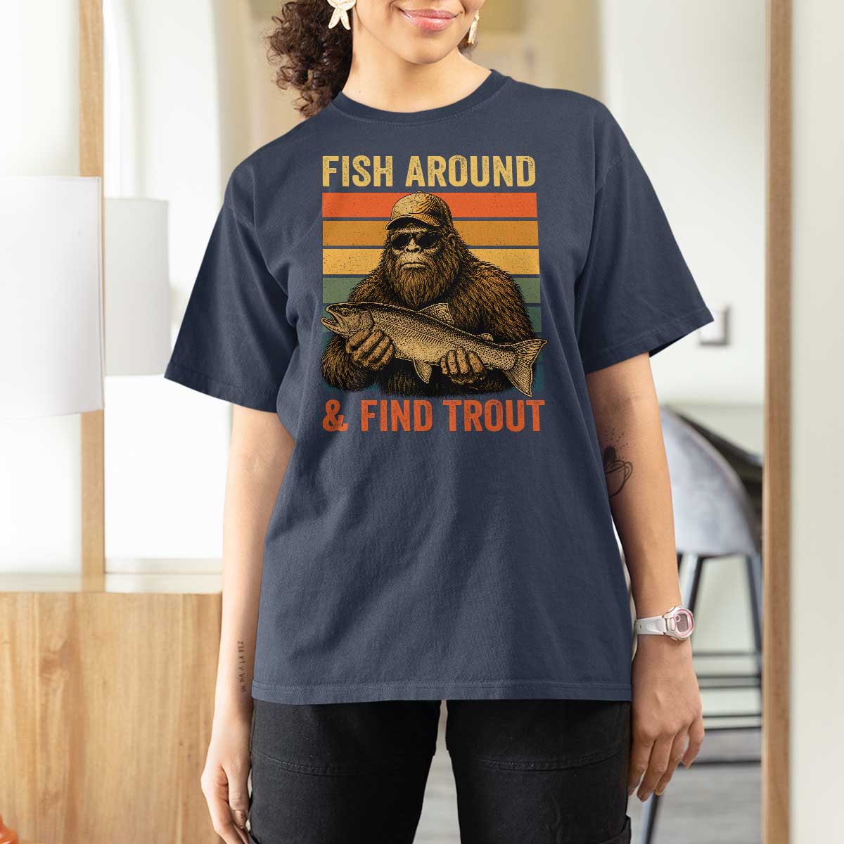 Fish Around And Find Trout T Shirt For Women Funny Fishermen Fishing Retro Bigfoot Sasquatch Fish