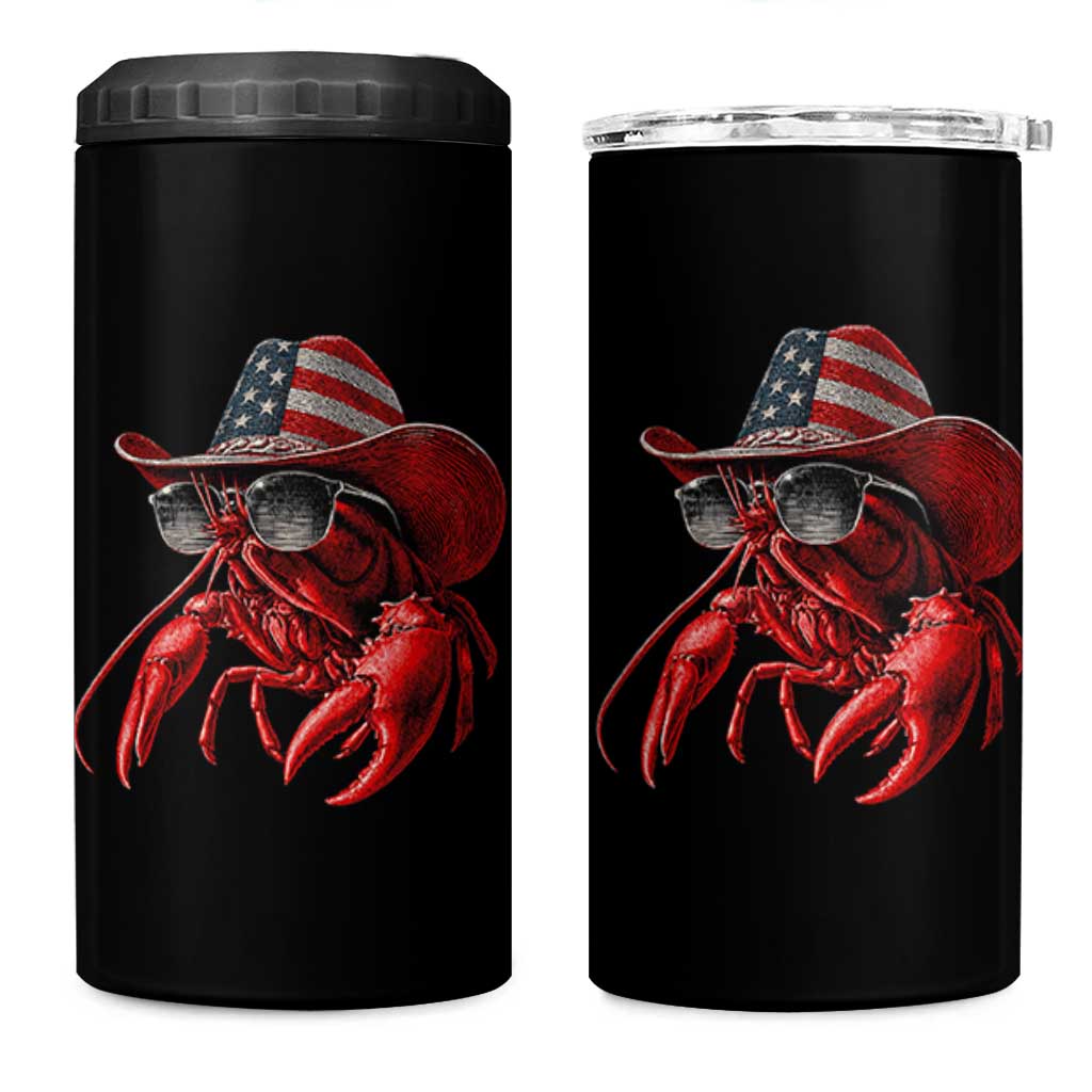 Funny Western Country Crawfish Lover Graphic 4 in 1 Can Cooler Tumbler American Flag Cowboy Lobster Patriotic Cajun Season