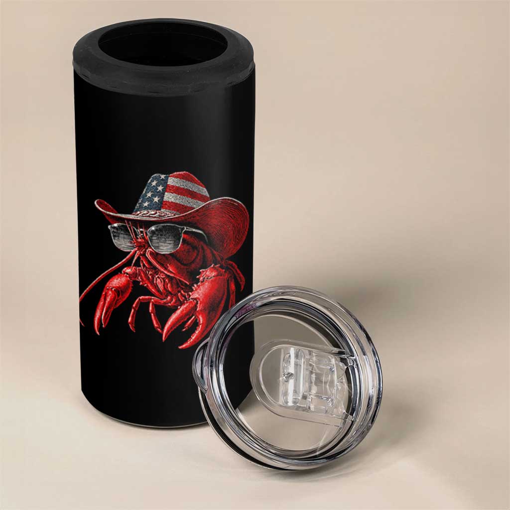 Funny Western Country Crawfish Lover Graphic 4 in 1 Can Cooler Tumbler American Flag Cowboy Lobster Patriotic Cajun Season