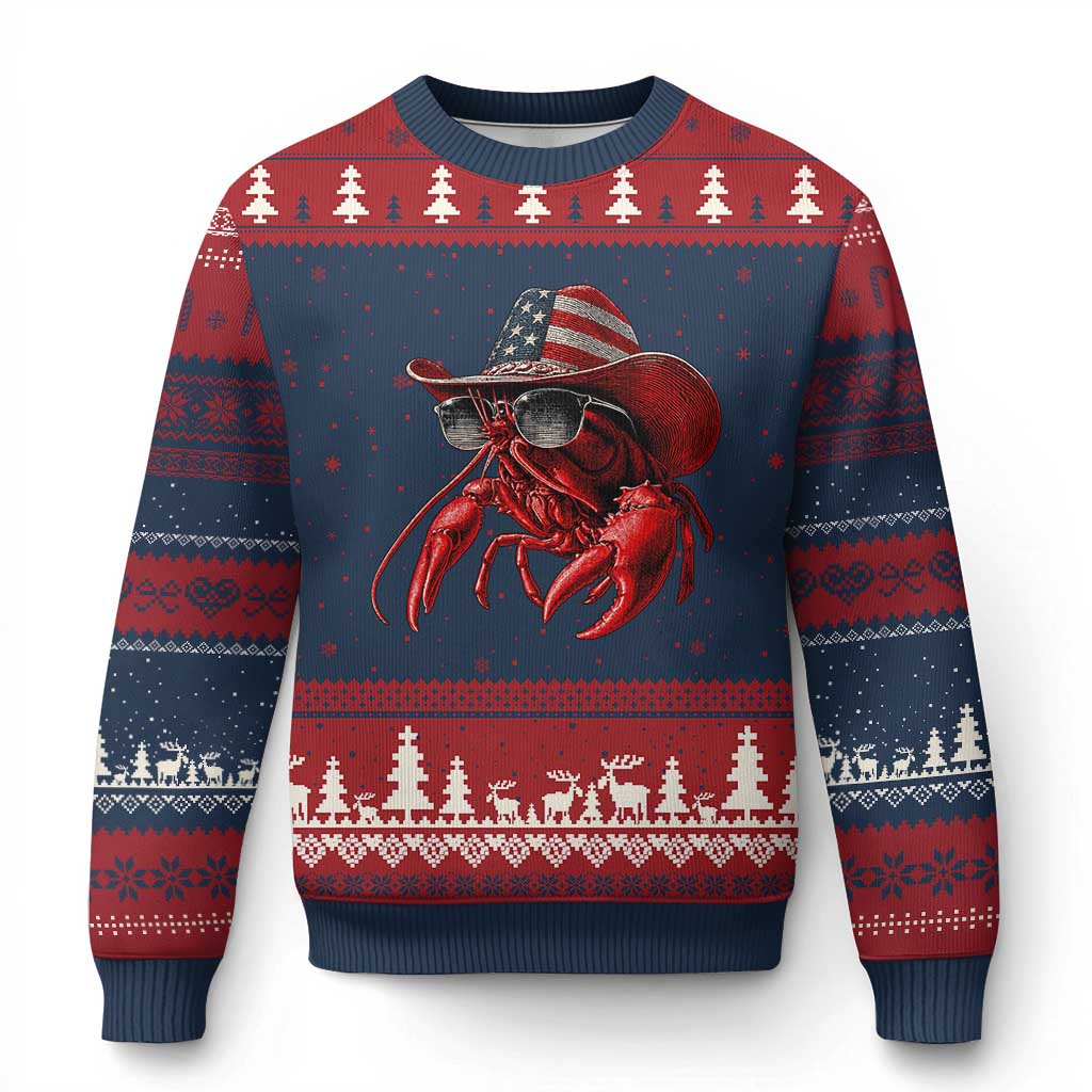 Funny Western Country Crawfish Lover Graphic Ugly Christmas Sweater American Flag Cowboy Lobster Patriotic Cajun Season