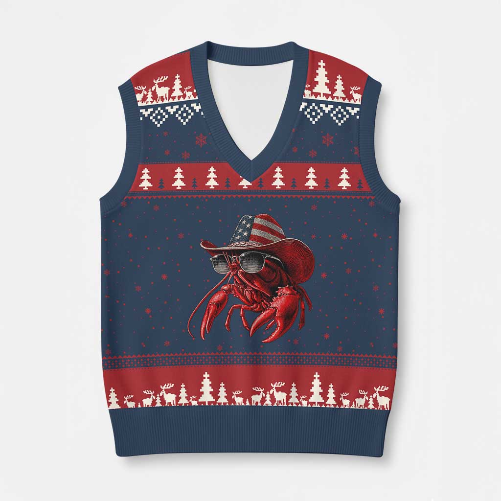 Funny Western Country Crawfish Lover Graphic V-Neck Knit Sweater Vest American Flag Cowboy Lobster Patriotic Cajun Season