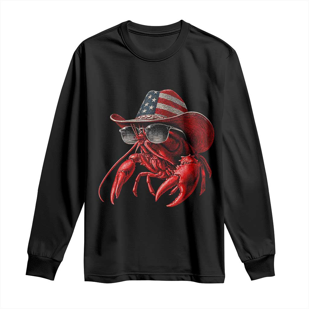 Funny Western Country Crawfish Lover Graphic Long Sleeve Shirt American Flag Cowboy Lobster Patriotic Cajun Season