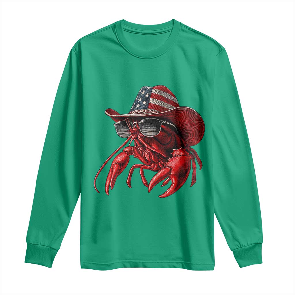 Funny Western Country Crawfish Lover Graphic Long Sleeve Shirt American Flag Cowboy Lobster Patriotic Cajun Season