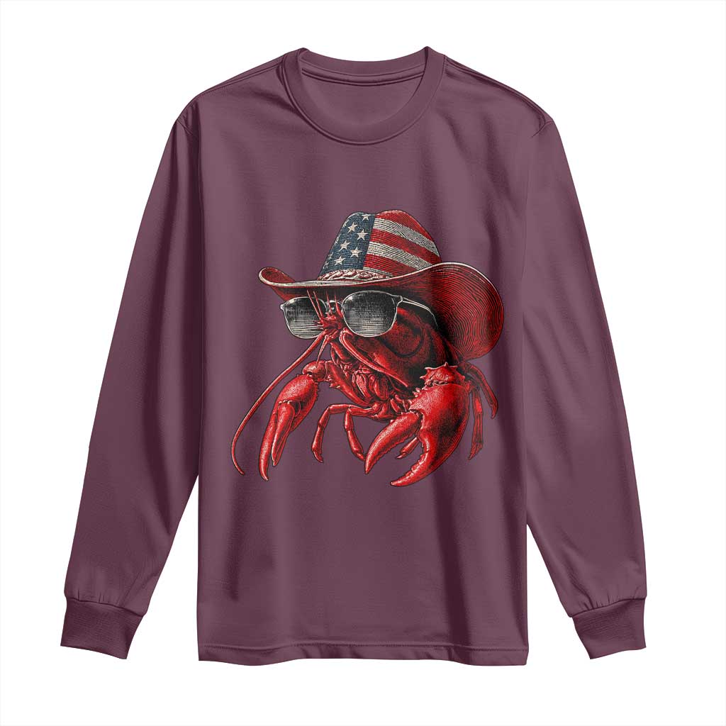 Funny Western Country Crawfish Lover Graphic Long Sleeve Shirt American Flag Cowboy Lobster Patriotic Cajun Season