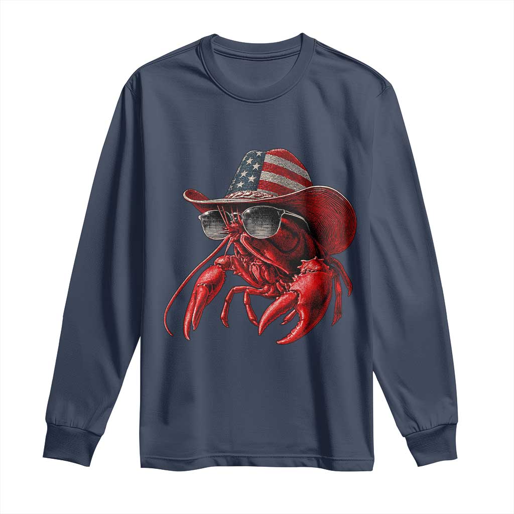 Funny Western Country Crawfish Lover Graphic Long Sleeve Shirt American Flag Cowboy Lobster Patriotic Cajun Season