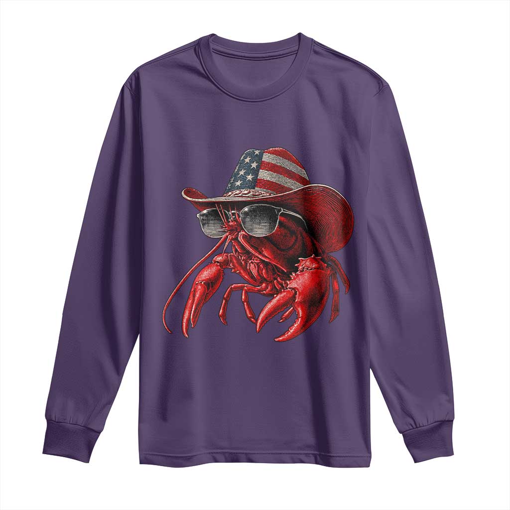 Funny Western Country Crawfish Lover Graphic Long Sleeve Shirt American Flag Cowboy Lobster Patriotic Cajun Season