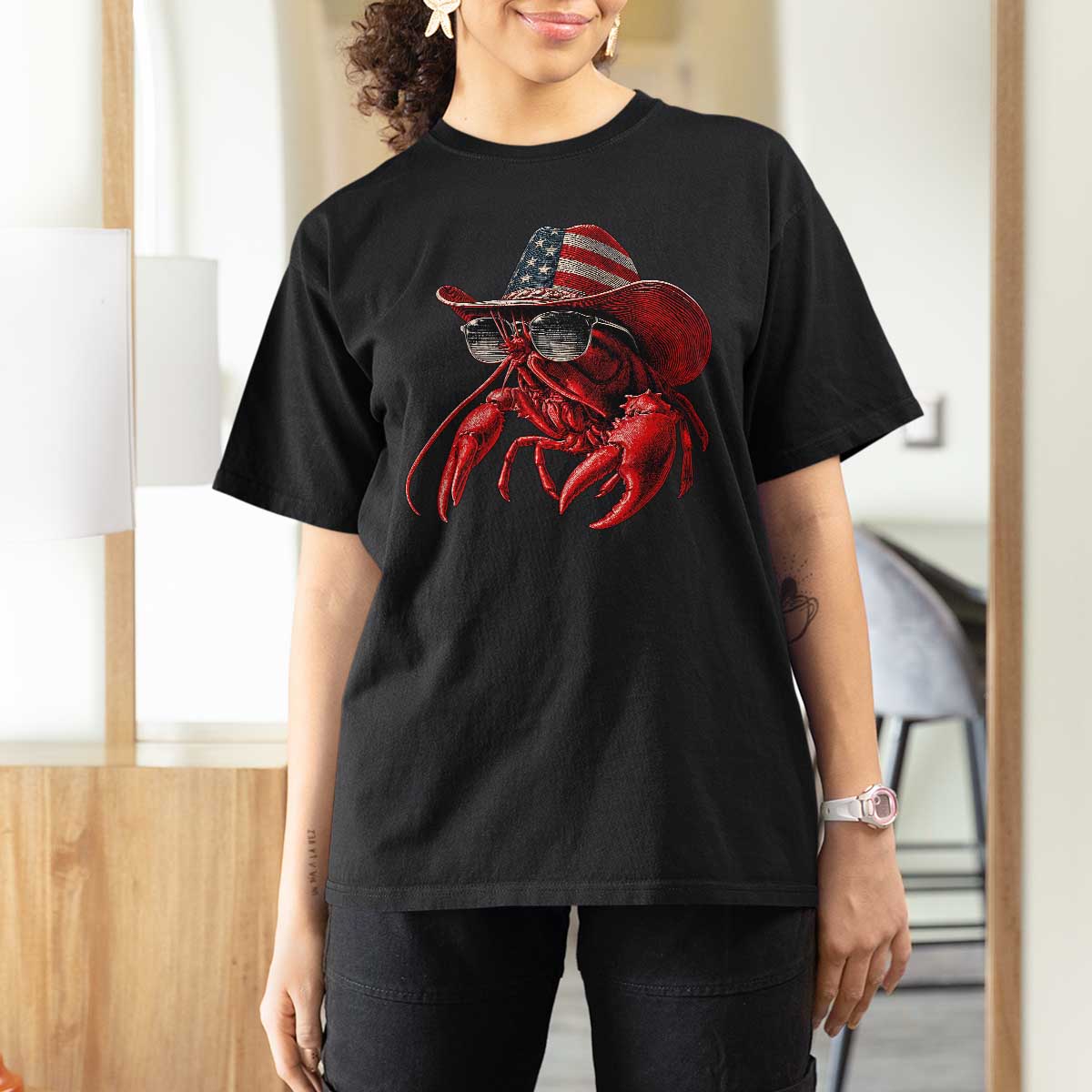 Funny Western Country Crawfish Lover Graphic T Shirt For Women American Flag Cowboy Lobster Patriotic Cajun Season