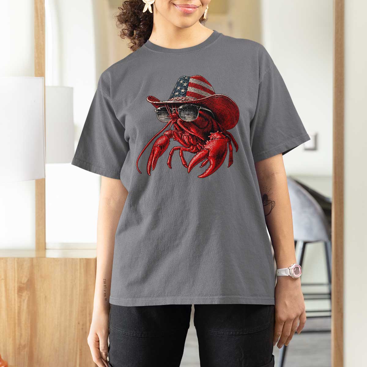 Funny Western Country Crawfish Lover Graphic T Shirt For Women American Flag Cowboy Lobster Patriotic Cajun Season
