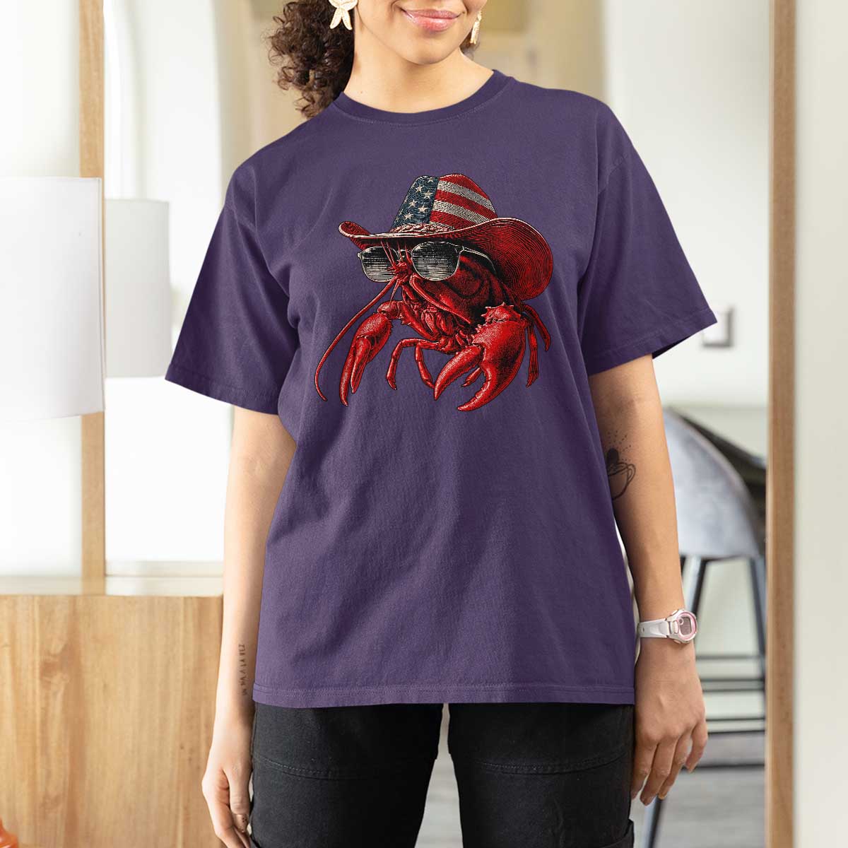 Funny Western Country Crawfish Lover Graphic T Shirt For Women American Flag Cowboy Lobster Patriotic Cajun Season