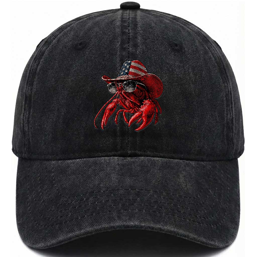 Funny Western Country Crawfish Lover Graphic Washed Cotton Baseball Cap American Flag Cowboy Lobster Patriotic Cajun Season