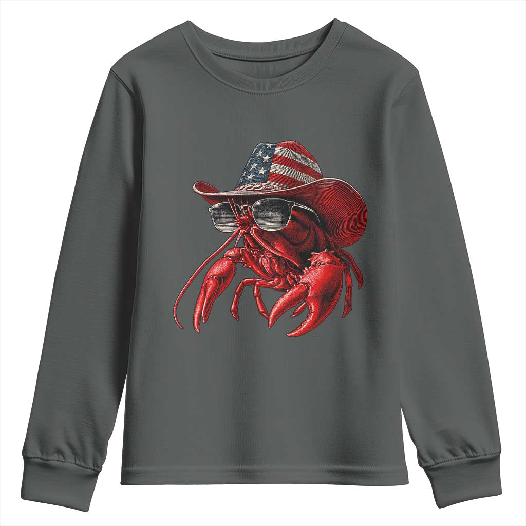 Funny Western Country Crawfish Lover Graphic Youth Sweatshirt American Flag Cowboy Lobster Patriotic Cajun Season