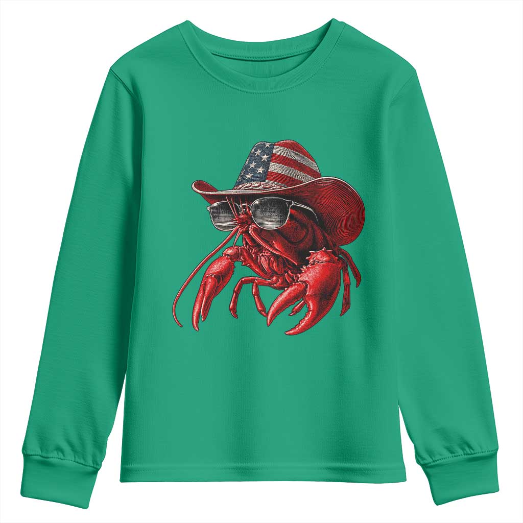 Funny Western Country Crawfish Lover Graphic Youth Sweatshirt American Flag Cowboy Lobster Patriotic Cajun Season