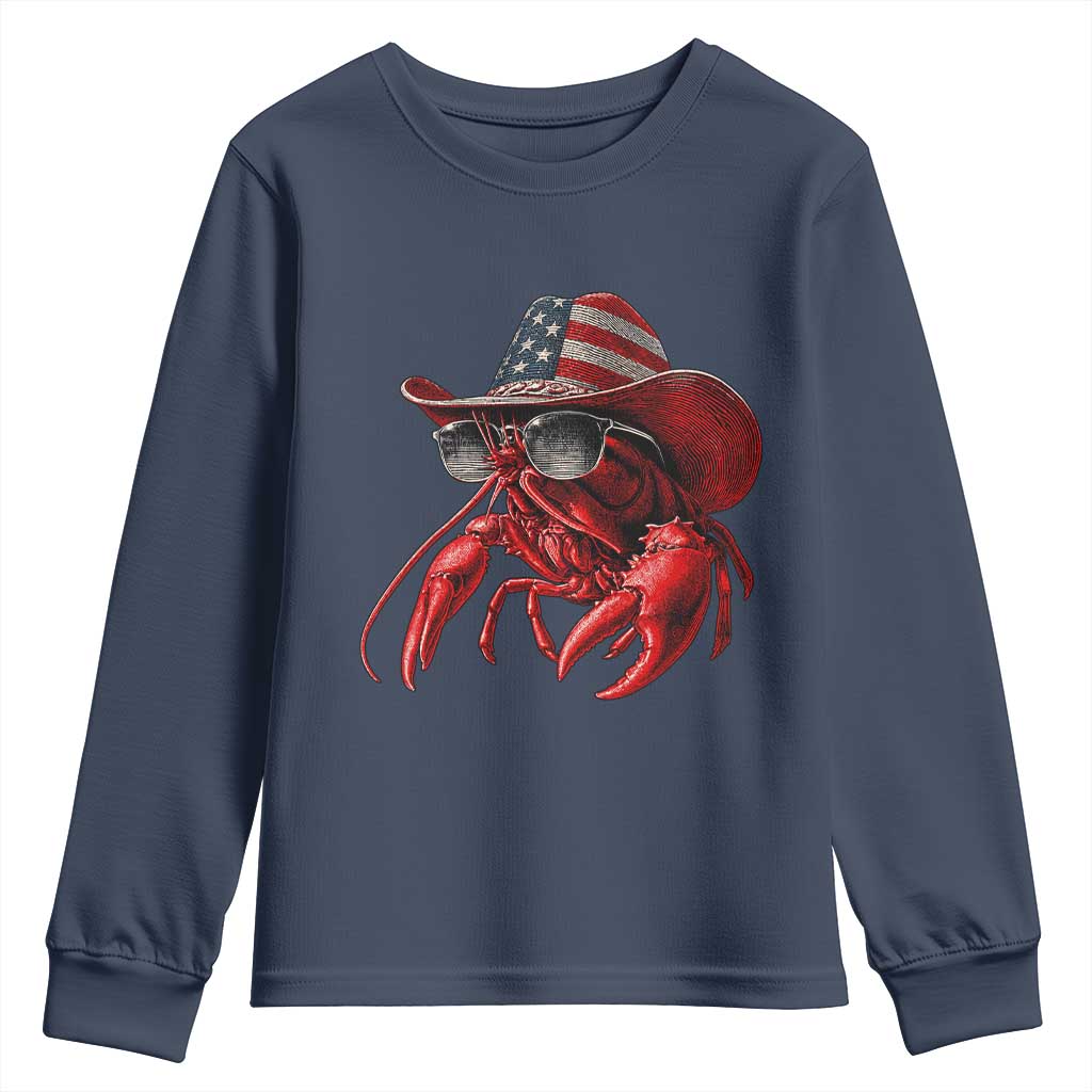 Funny Western Country Crawfish Lover Graphic Youth Sweatshirt American Flag Cowboy Lobster Patriotic Cajun Season