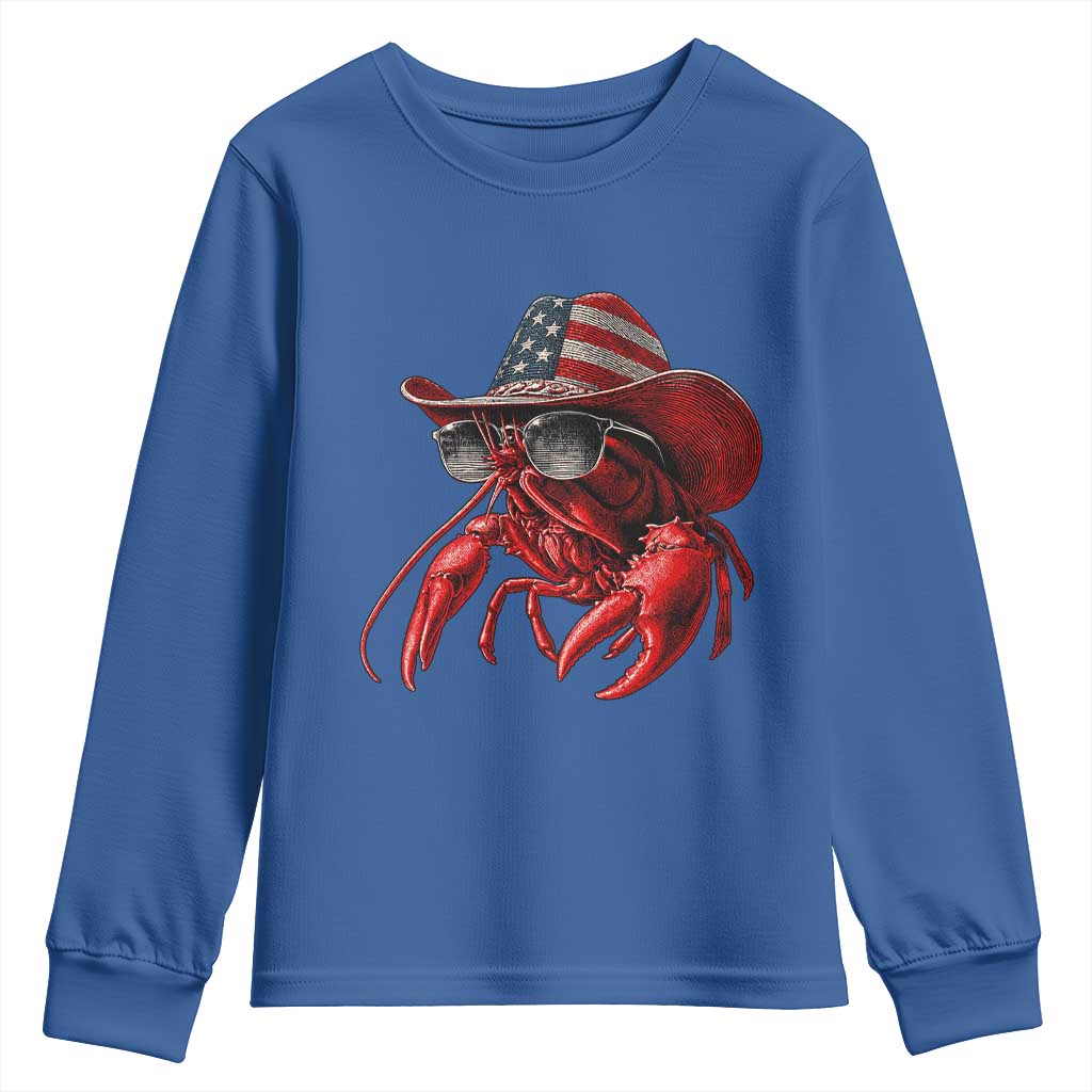Funny Western Country Crawfish Lover Graphic Youth Sweatshirt American Flag Cowboy Lobster Patriotic Cajun Season