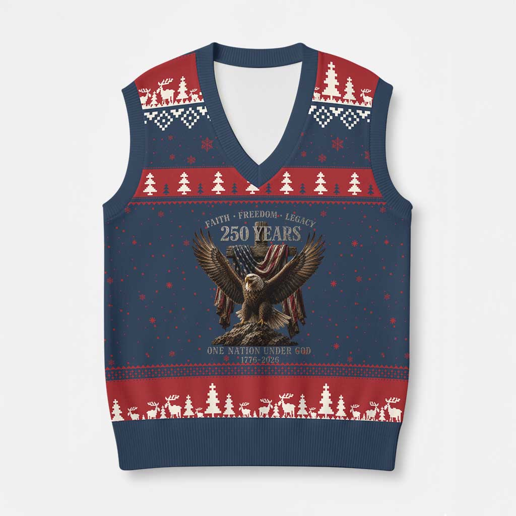 Eagle 250th Anniversary USA V-Neck Knit Sweater Vest 250 Years Faith Freedom Legacy One Nation Under God Flag