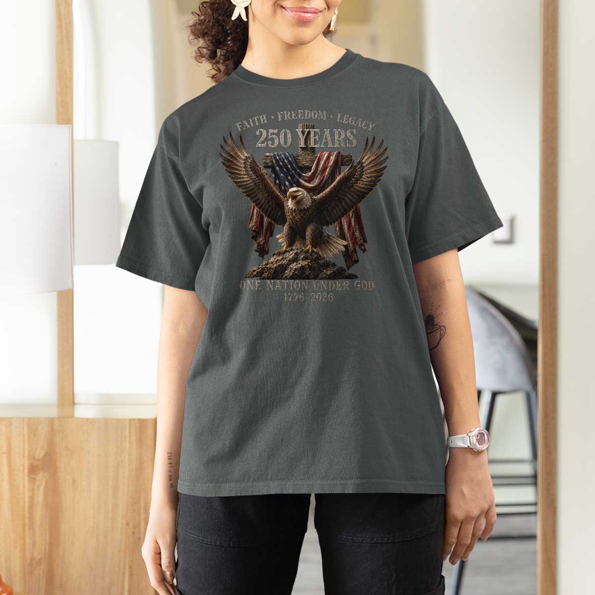 Eagle 250th Anniversary USA T Shirt For Women 250 Years Faith Freedom Legacy One Nation Under God Flag